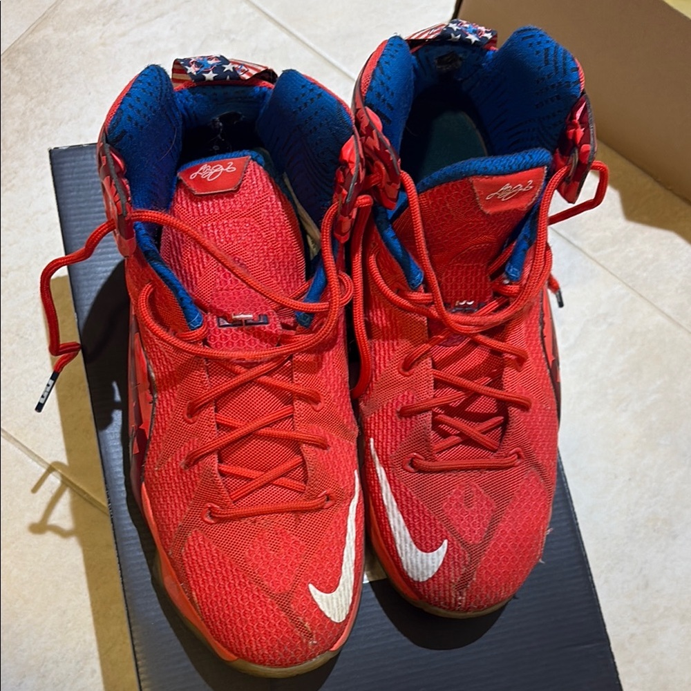 Kids Size 7 Levron Nike Red and Blue Sneakers